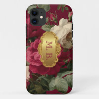 Romantic Vintage Red Rose Floral Monogrammed