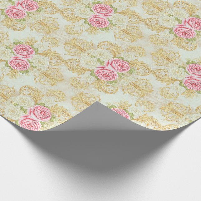 Romantic Vintage Rose and Gold Damask  Wrapping Paper (Corner)