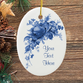 Romantic Vintage Rose In Blue Ceramic Ornament