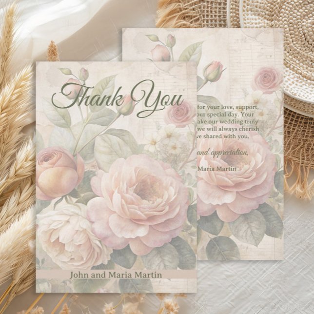 Romantic Vintage Rose Wedding Thank You  (Romantic vintage roses wedding Thank You card)