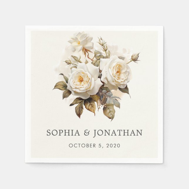Romantic Vintage Roses Antique White Wedding Napkin (Front)