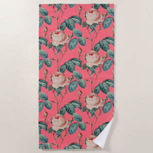Romantic Vintage Roses on Pink Pattern Beach Towel