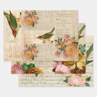 Romantic Vintage songbird with blush & gold roses
