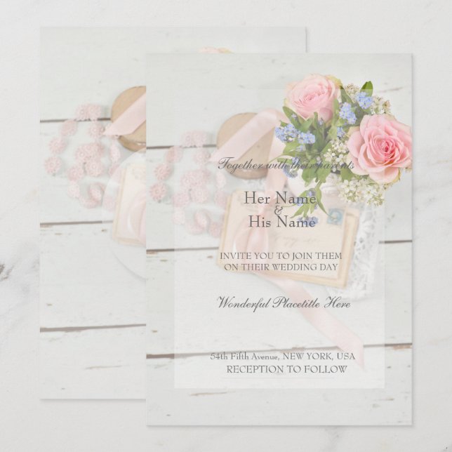 Romantic vintage spring flower editable wedding invitation (Front/Back)
