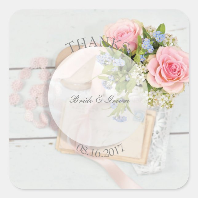 Romantic vintage spring flower editable wedding square sticker (Front)