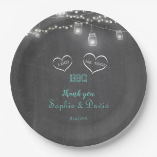 Romantic Vintage String Lights Chalkboard I DO BBQ Paper Plate