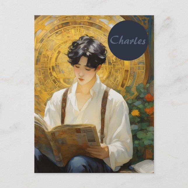 Romantic Vintage Style Art of Boy Reading Postcard (Front)
