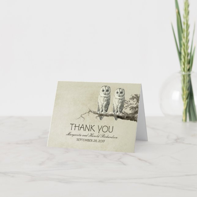 Romantic vintage two OWLS wedding thank you cards (Front)