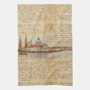 Romantic Vintage Venice Artwork with Script Tea Towel