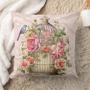Romantic Vintage Watercolor Floral Birdcage Cushion