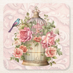 Romantic Vintage Watercolor Floral Birdcage  Square Paper Coaster