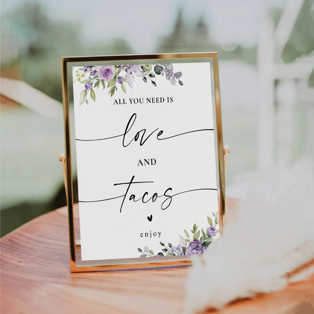 Romantic Violet Flowers Love and Tacos Sign (Creator Uploaded)