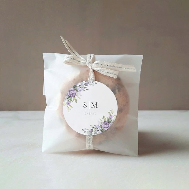 Romantic Violet Flowers Wedding Classic Round Sticker (Creator Uploaded)