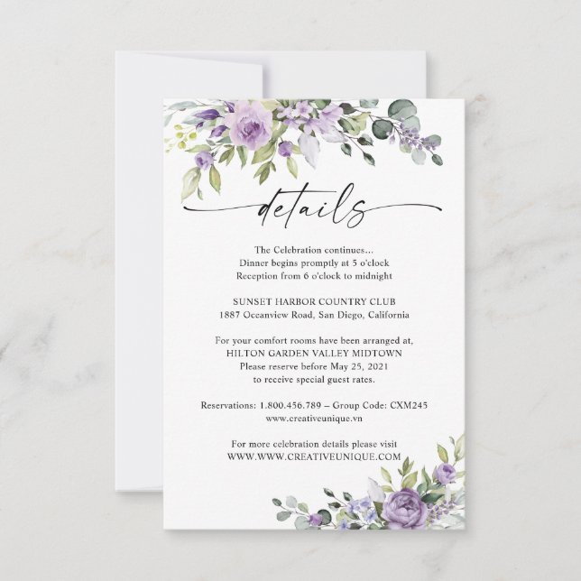 Romantic Violet Flowers Wedding Details Card (Front)