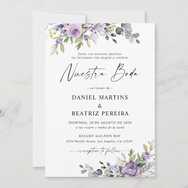 Romantic Violet Flowers Wedding Reception Invitation (Front)
