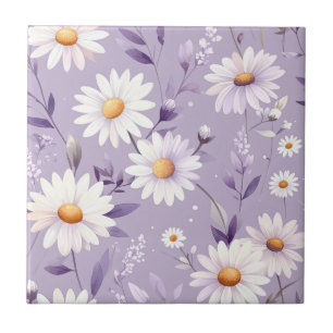Romantic Violet Lavender and Daisy Meadow Ceramic Tile