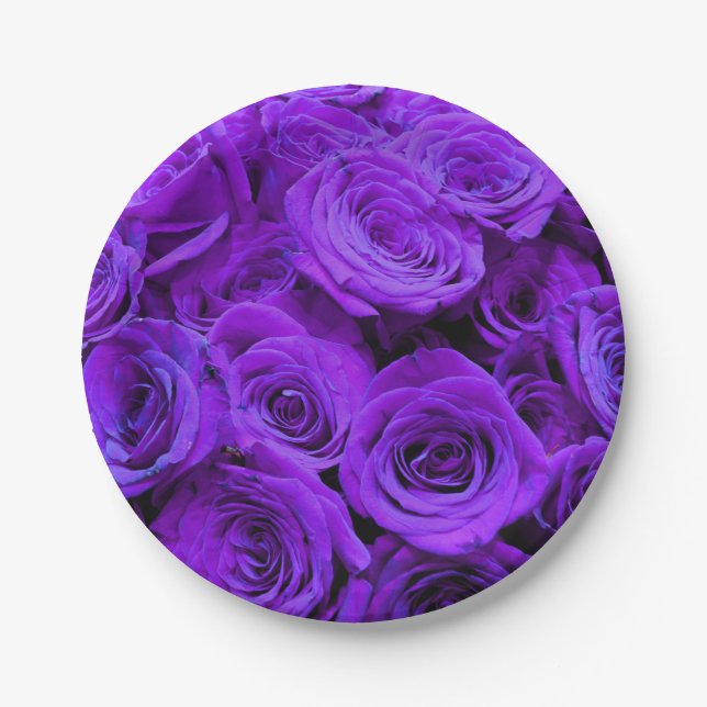 romantic violet purple roses, pretty rose bouquet paper plate (Front)