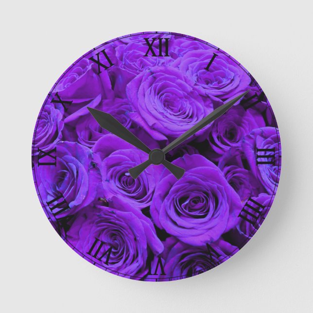 romantic violet purple roses, pretty rose bouquet round clock (Front)