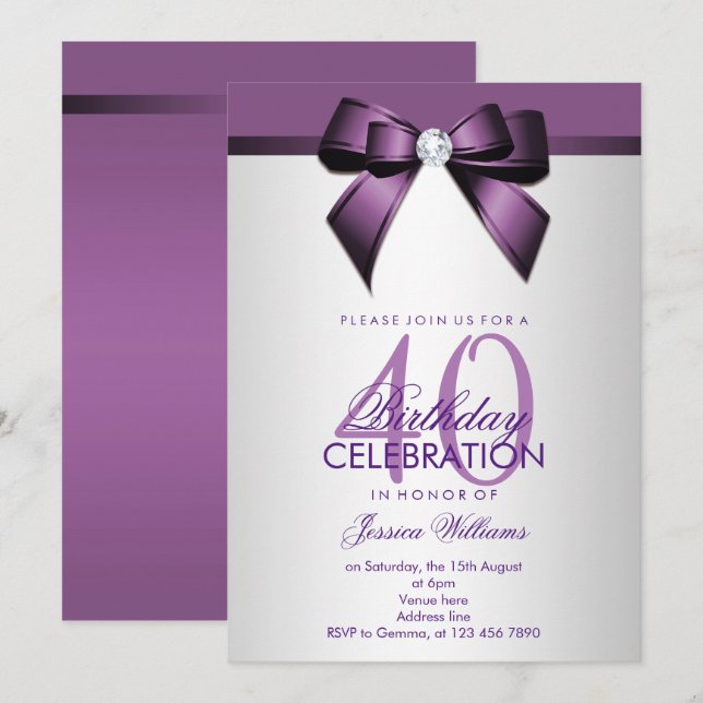 Romantic Violet & Silver 40th Birthday Party Invitation (Front/Back)