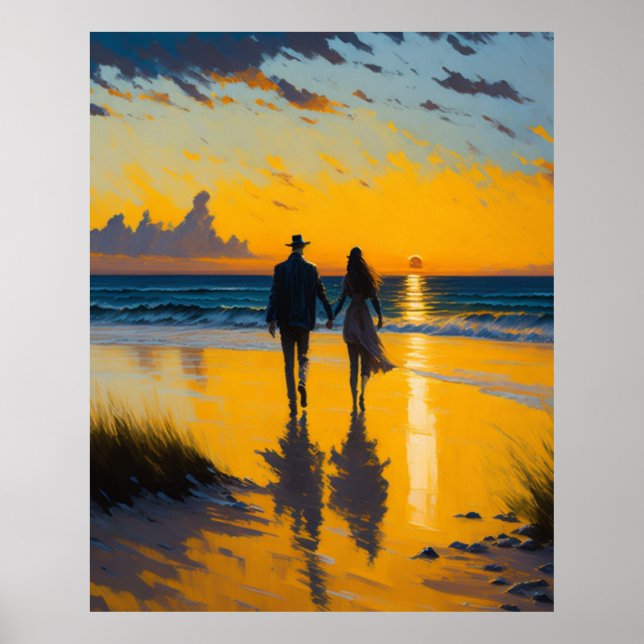 Romantic walk, couple on the beach landscape paint poster (Front)