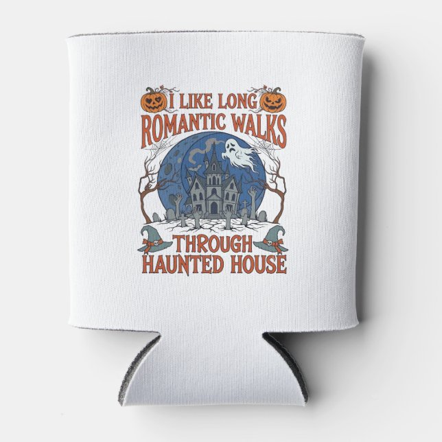 Romantic Walks Through Haunted House Ghost Pumpkin Can Cooler (Front)