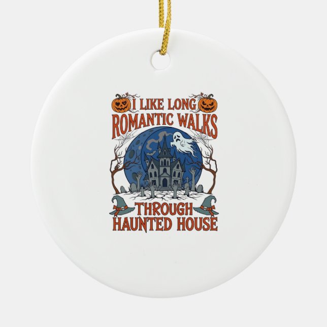 Romantic Walks Through Haunted House Ghost Pumpkin Ceramic Ornament (Front)