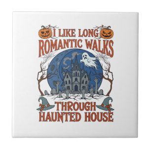 Romantic Walks Through Haunted House Ghost Pumpkin Ceramic Tile