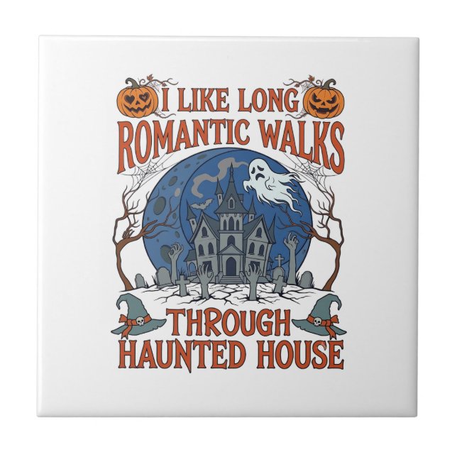 Romantic Walks Through Haunted House Ghost Pumpkin Ceramic Tile (Front)