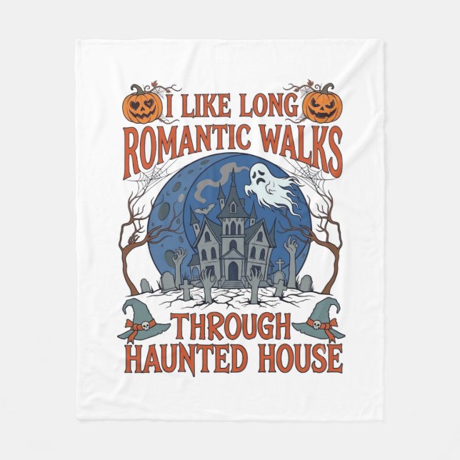 Romantic Walks Through Haunted House Ghost Pumpkin Fleece Blanket (Front)