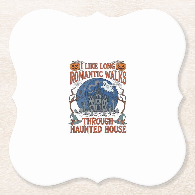 Romantic Walks Through Haunted House Ghost Pumpkin Paper Coaster (Front)