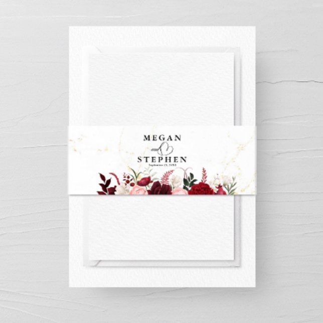 Romantic Water Colour Burgundy Floral Chic Wedding Invitation Belly Band (Creator Uploaded)