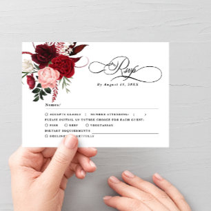 Romantic Water colour Burgundy Floral Wedding RSV RSVP Card