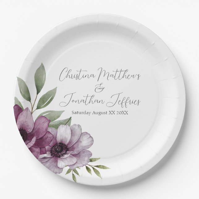Romantic Watercolor Anemones Paper Plate (Front)