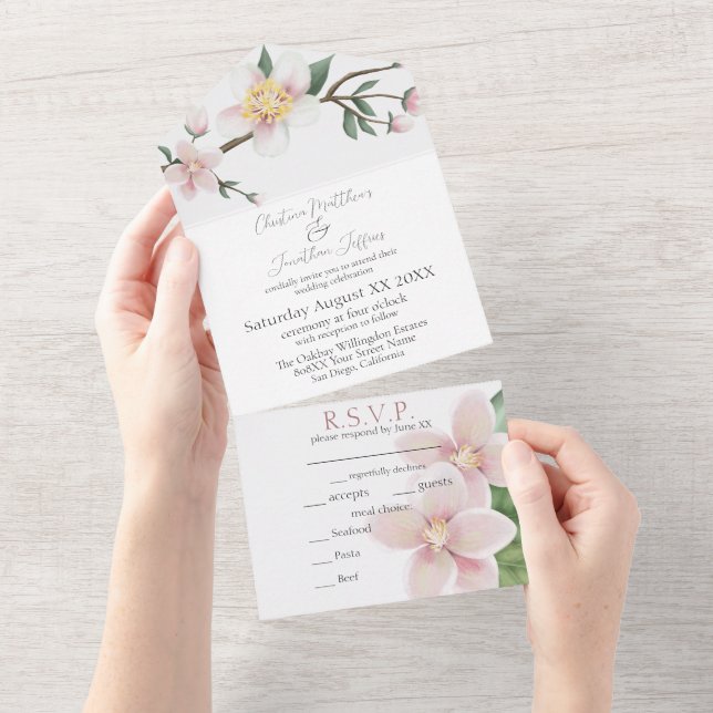 Romantic Watercolor Apple Blossoms All In One Invitation (Tearaway)