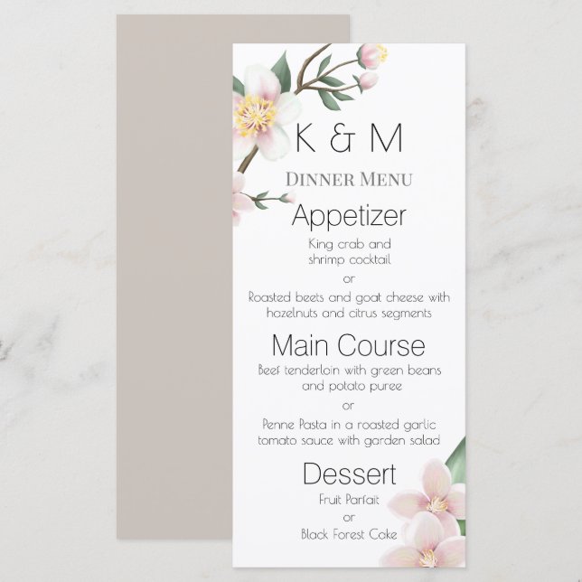 Romantic Watercolor Apple Blossoms Wedding Menu (Front/Back)