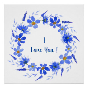 Romantic watercolor blue flowers  Summer   Poster