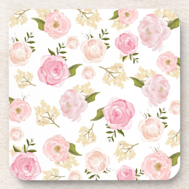 Romantic Watercolor Blush Peonies Floral Pattern Coaster (Front)