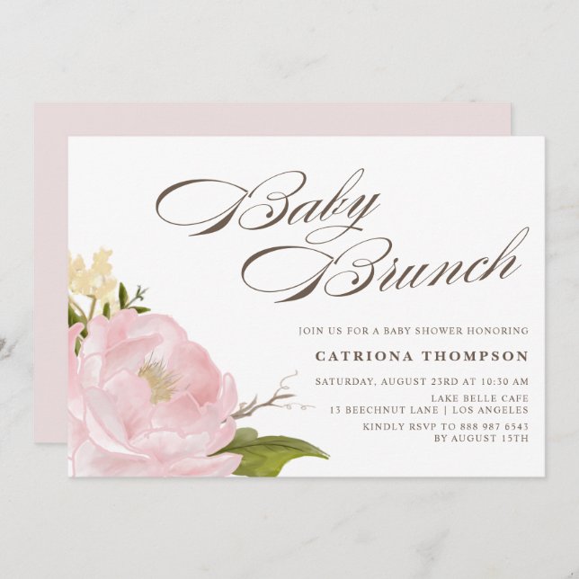 Romantic Watercolor Blush Pink Peony Baby Brunch Invitation (Front/Back)