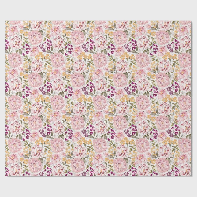 Romantic Watercolor Blush Pink Peony Floral Wrapping Paper (Flat)