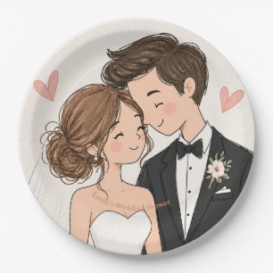 Romantic Watercolor Bride and Groom Wedding Shower Paper Plate