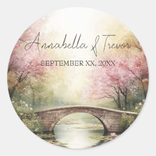 Romantic Watercolor Bridge & Blossoms Custom Name Classic Round Sticker