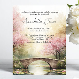 Romantic Watercolor Bridge & Pink Blossoms Wedding Invitation