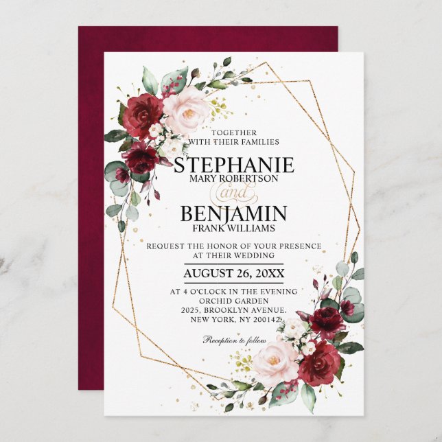 Romantic Watercolor Burgundy Floral Geometric Invitation (Front/Back)