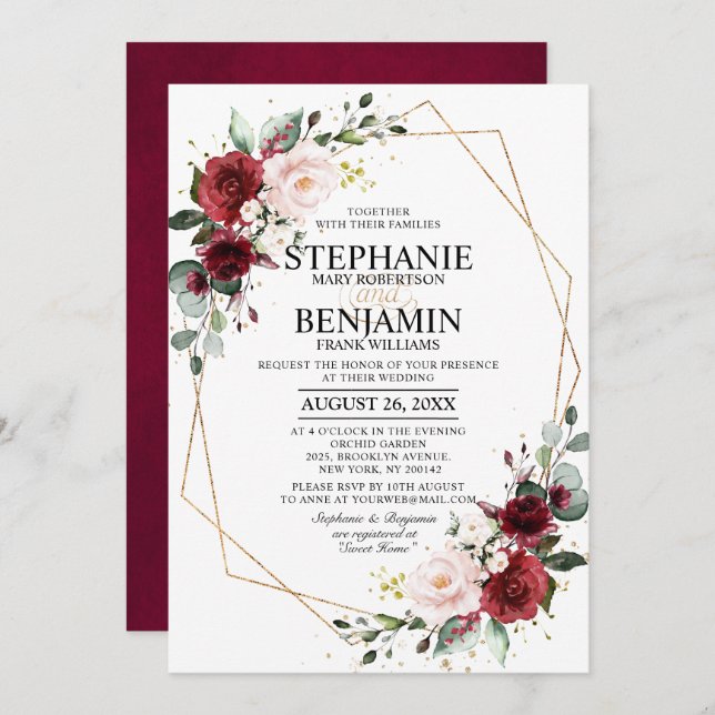 Romantic Watercolor Burgundy Floral Geometric Invitation (Front/Back)