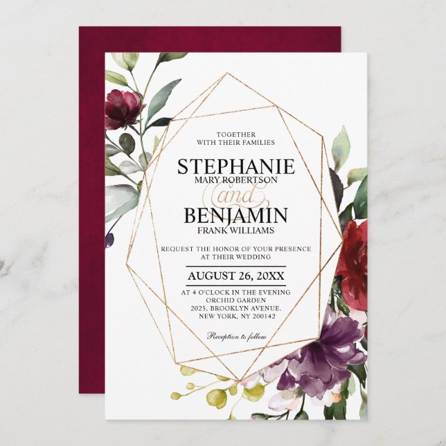 Romantic Watercolor Burgundy Floral Geometric Invitation (Front/Back)
