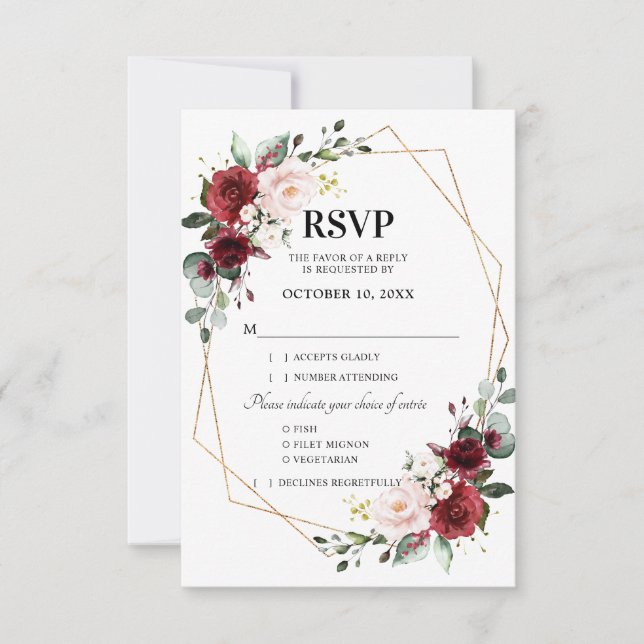 Romantic Watercolor Burgundy Floral Geometric RSVP Card (Front)