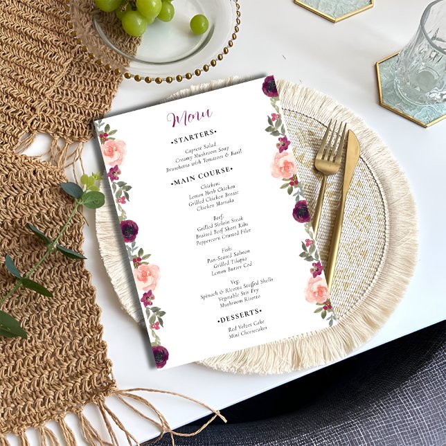 Romantic Watercolor Burgundy Floral Wedding Menu (Creator Uploaded)