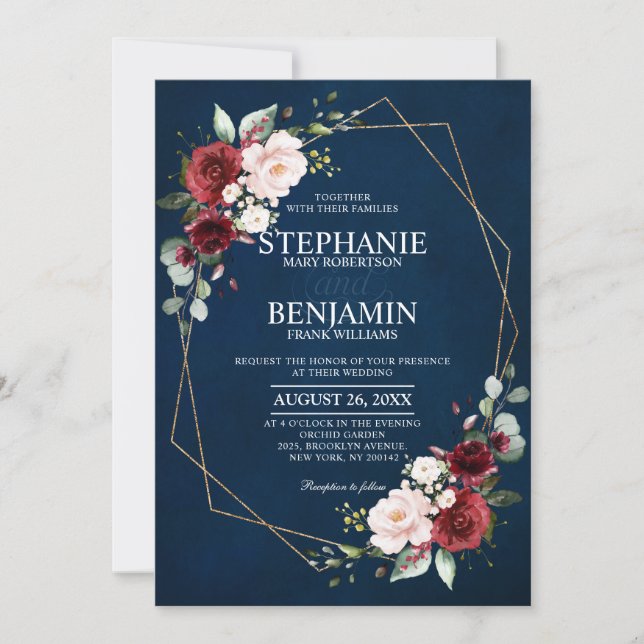 Romantic Watercolor Burgundy Navy Floral Geometric Invitation (Front)
