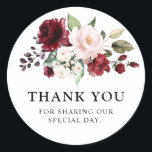 Romantic Watercolor Burgundy Red Blush Rose Floral Classic Round Sticker<br><div class="desc">Elegant and modern romantic watercolor floral wedding thank you sticker features a bouquet of burgundy / Marsala , blush pink, peach watercolor roses with matching foliage. Perfect for a fall / midsummer wedding. Please find more matching designs and variations from my "blissweddingpaperie" store. And feel free to contact me for...</div>