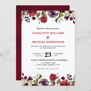Romantic Watercolor Burgundy Red Blush Rose Floral Invitation